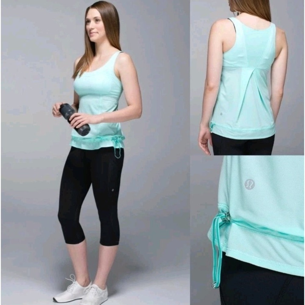 Lululemon Run Ta Ta Topper Tank Blue Aquamarine Drawstring Hem Cinch Waist Sz 12